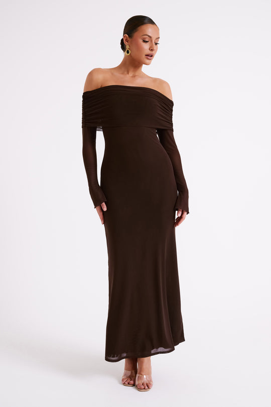 Josie Off Shoulder Mesh Maxi Dress - Dark Brown - MESHKI