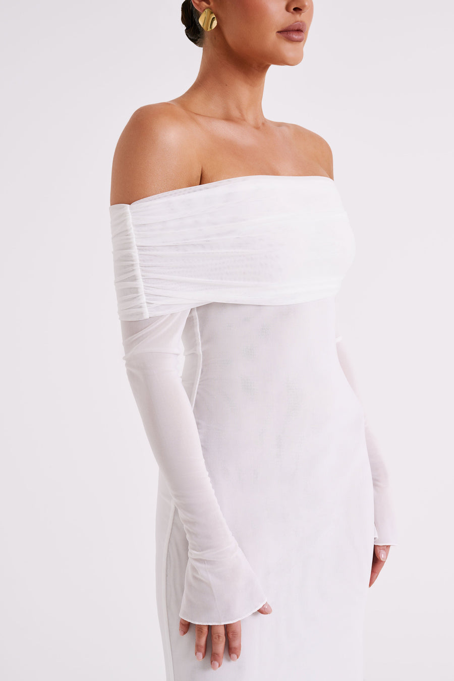 Marsei Lace Mesh Overlay Off the Shoulder High Neck Romper White