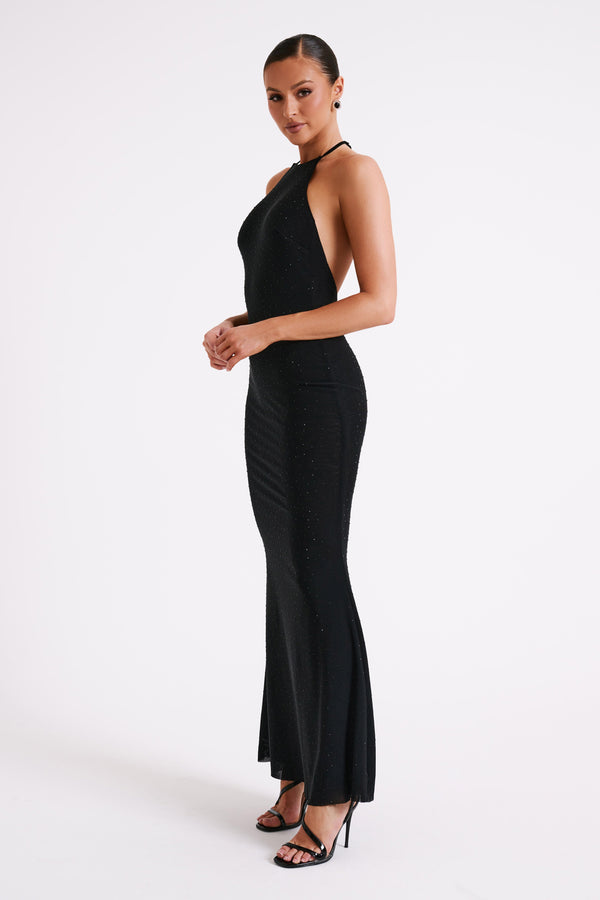 Shop Formal Dress - Kali  Hot Fix Mesh Halter Maxi Dress - Black sixth image