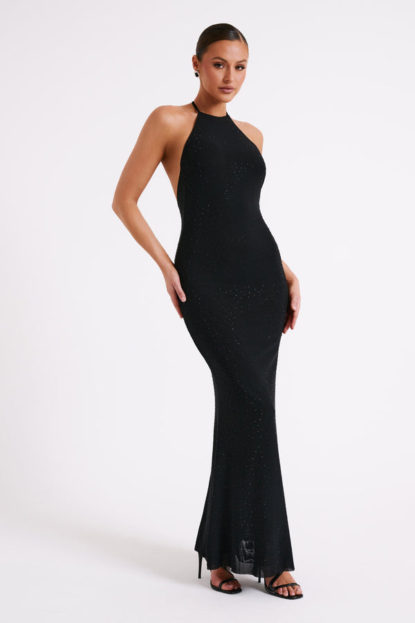 Shop Formal Dress - Kali  Hot Fix Mesh Halter Maxi Dress - Black third image
