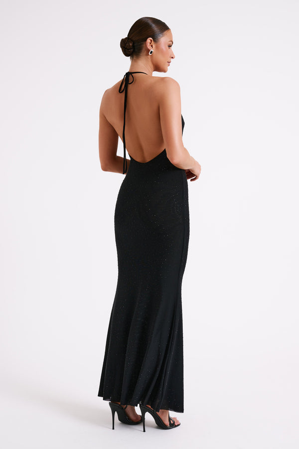 Shop Formal Dress - Kali  Hot Fix Mesh Halter Maxi Dress - Black fifth image