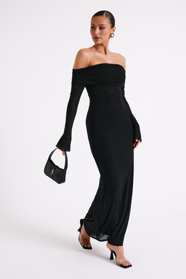 Josie  Off Shoulder Mesh Maxi Dress - Black - View 5 | Shop Formal Dress