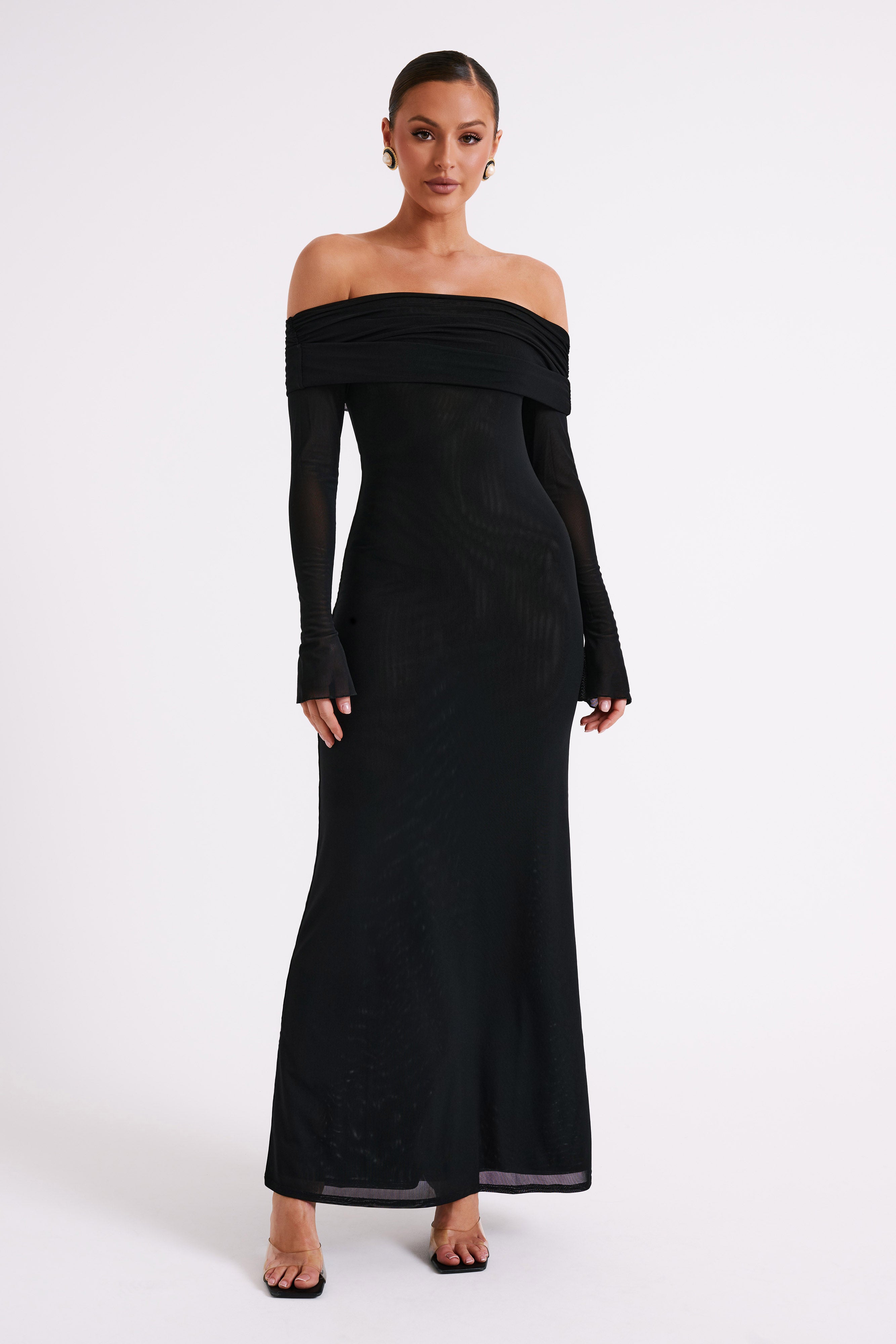 Josie Off Shoulder Mesh Maxi Dress - Black & MESHKI