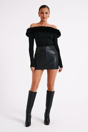 Sare Off Shoulder Fur Trim Knit Top - Black