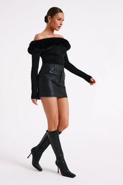 Sare Off Shoulder Fur Trim Knit Top - Black