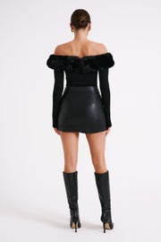 Sare Off Shoulder Fur Trim Knit Top - Black