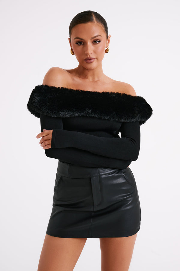 Sare Off Shoulder Fur Trim Knit Top - Black