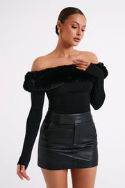 Sare Off Shoulder Fur Trim Knit Top - Black