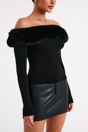 Sare Off Shoulder Fur Trim Knit Top - Black