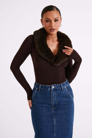 Maieve Fur Trim Knit Top - Dark Brown