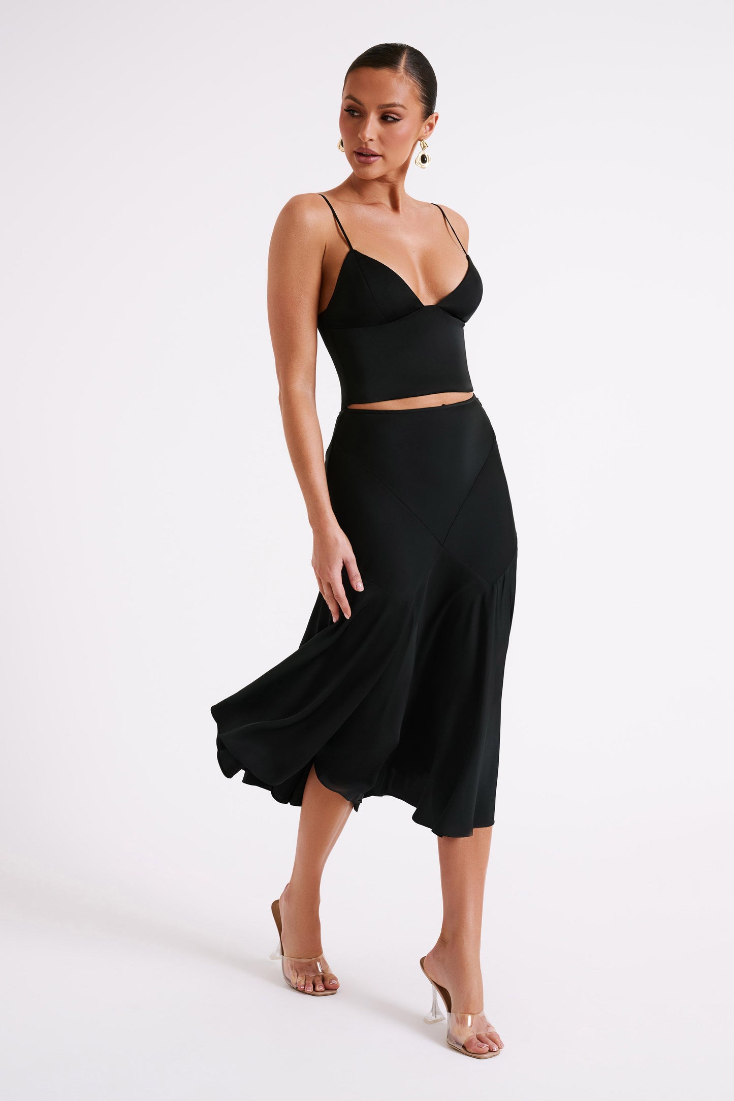 Tomika Satin Midi Skirt - Black