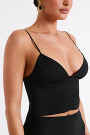 Tia Long Line Satin Top - Black