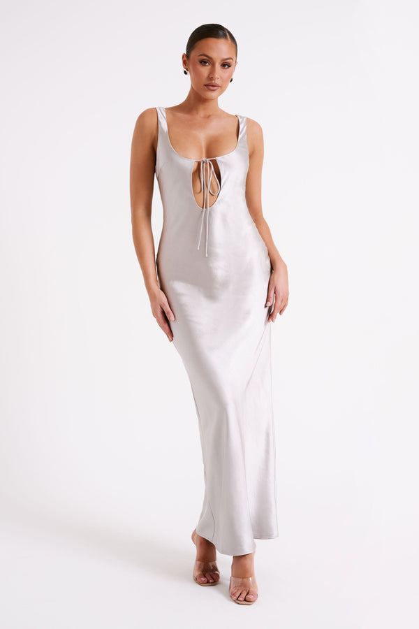 Shop Formal Dress - Aubrie  Keyhole Satin Maxi Dress - Silver sixth image