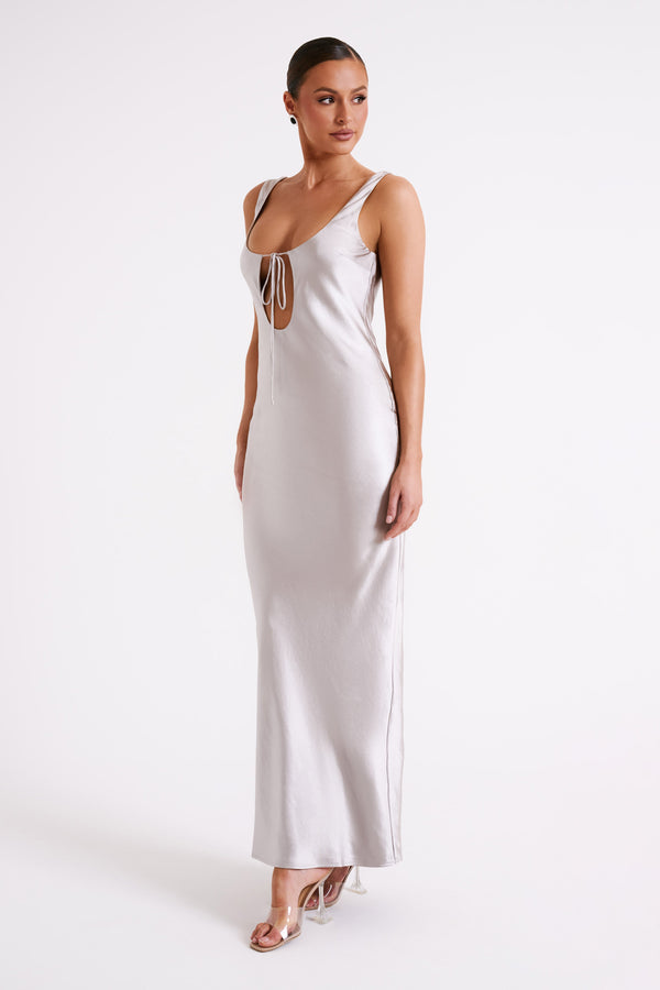 Shop Formal Dress - Aubrie  Keyhole Satin Maxi Dress - Silver fifth image