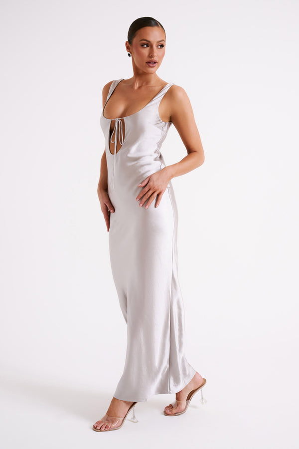 Aubrie Keyhole Satin Maxi Dress - Silver