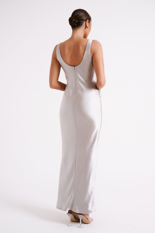 Shop Formal Dress - Aubrie  Keyhole Satin Maxi Dress - Silver third image