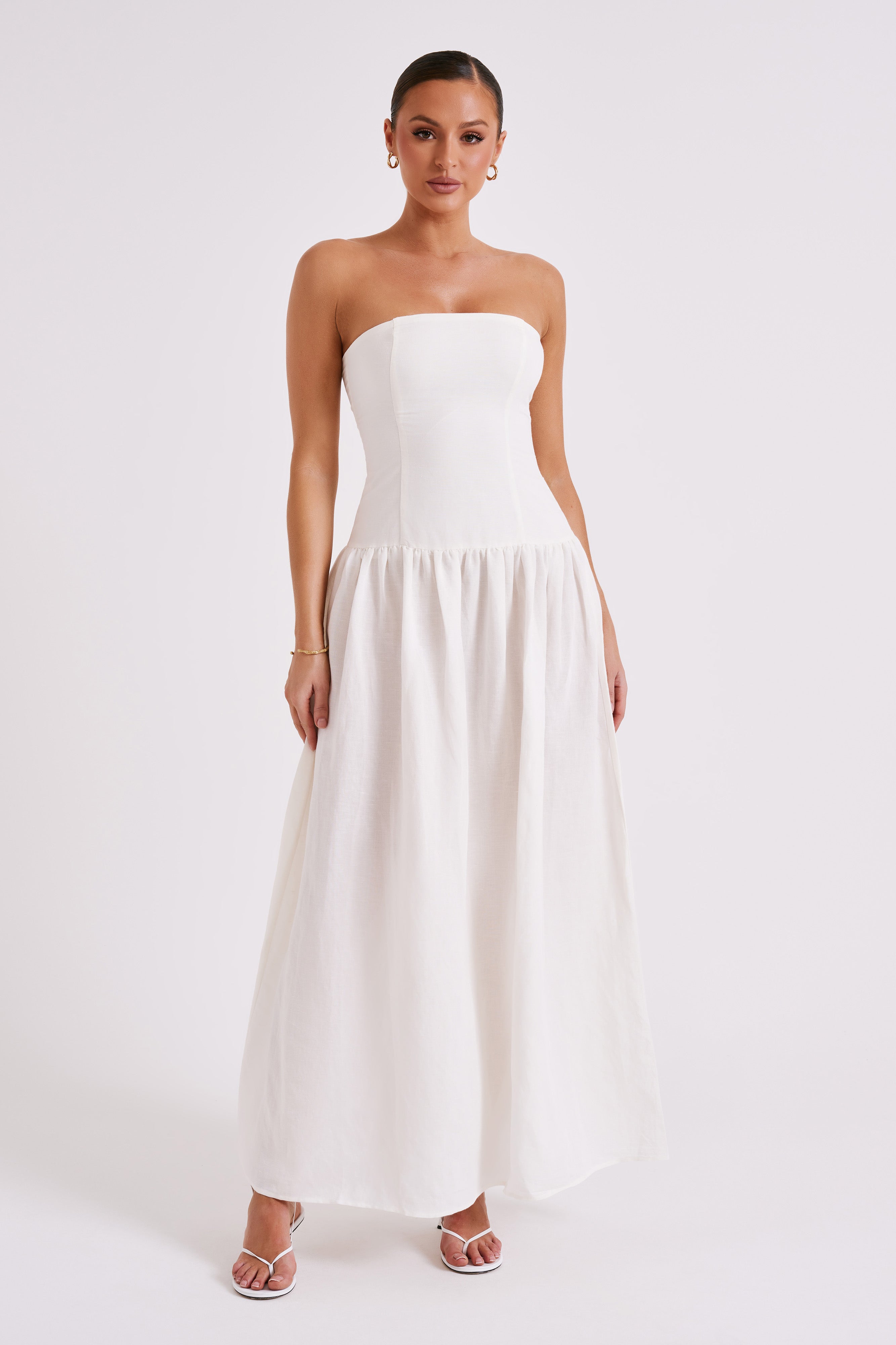 Audrina Strapless Linen Maxi Dress - White - MESHKI