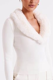 Maieve Fur Trim Knit Top - Ivory