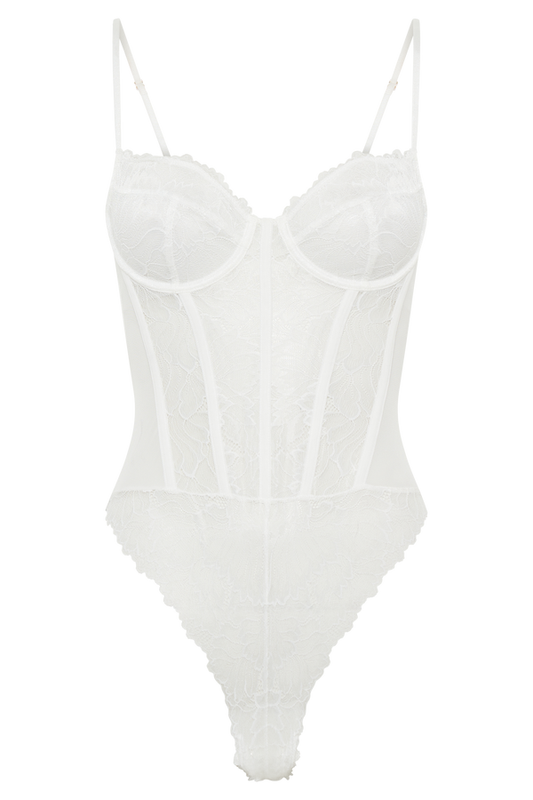 Daisy Lace Mesh Bodysuit - White
