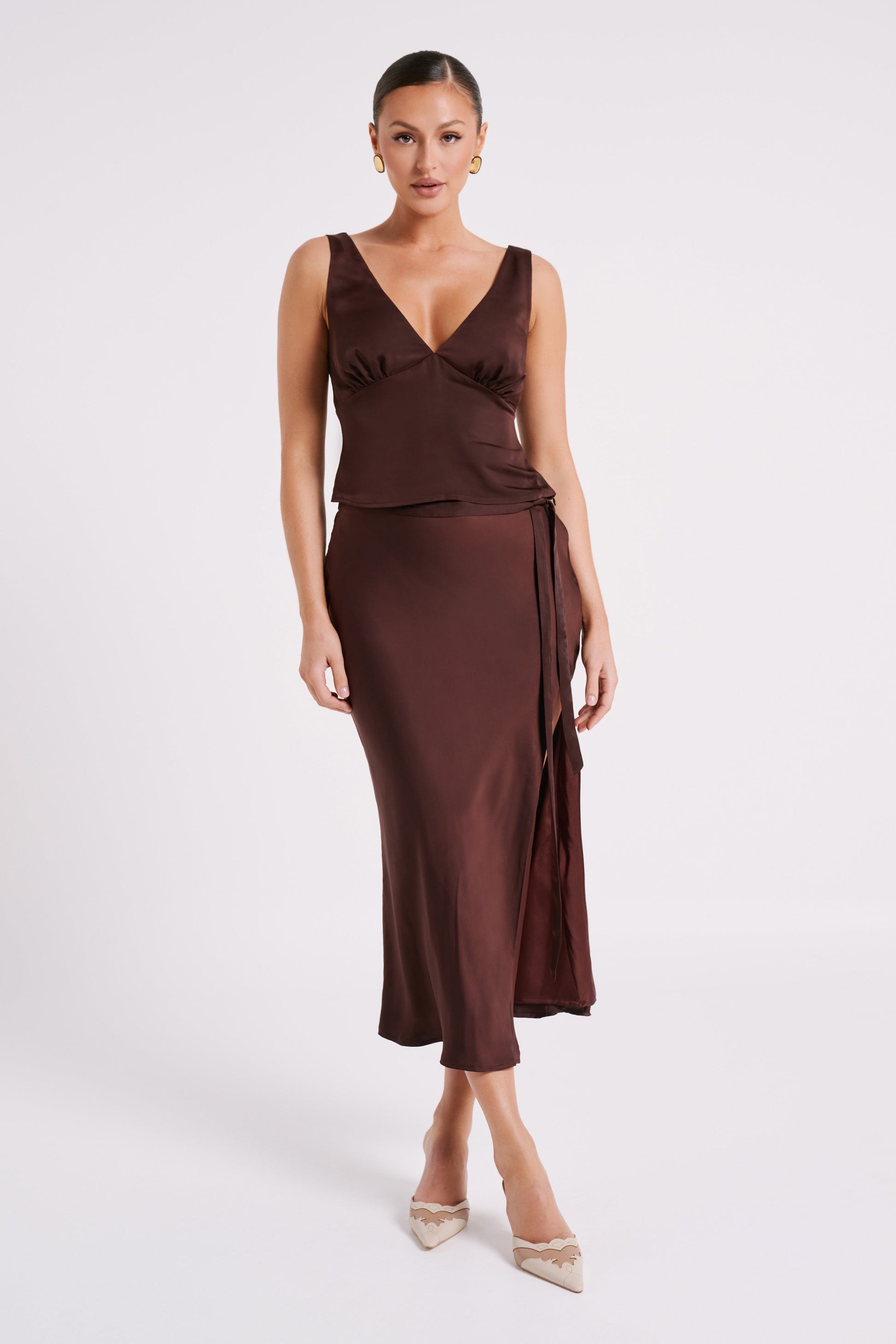 Edie Satin Midi Skirt With Tie - Dark Chocolate #4