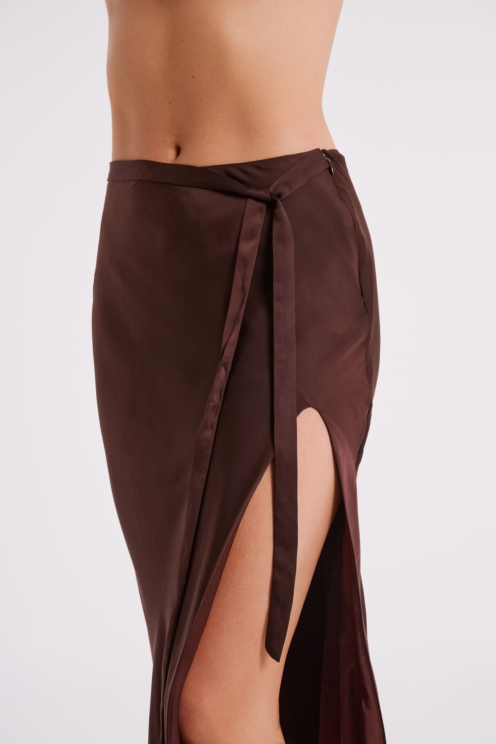 Edie Satin Midi Skirt With Tie - Dark Chocolate