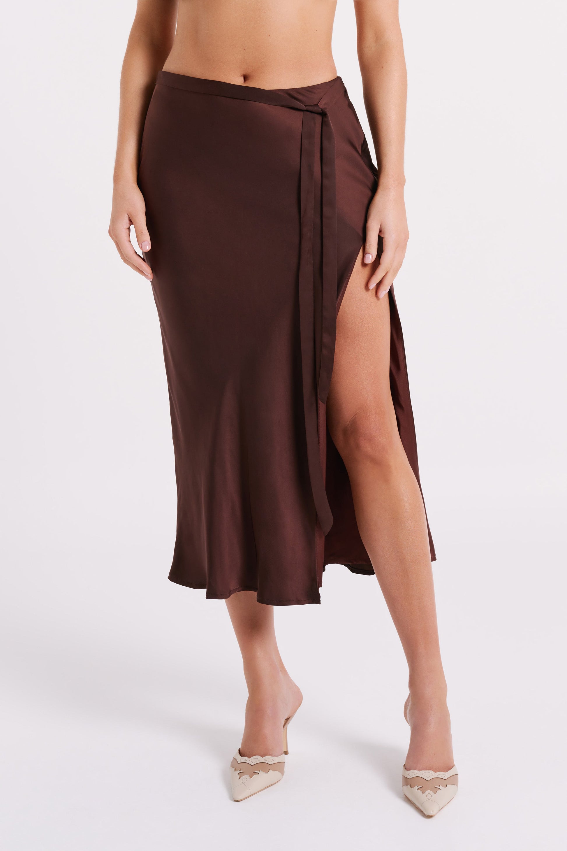 Edie Satin Midi Skirt With Tie - Dark Chocolate #2