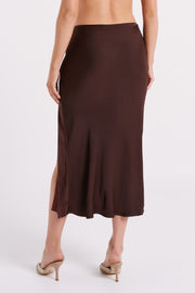 Edie Satin Midi Skirt With Tie - Dark Chocolate