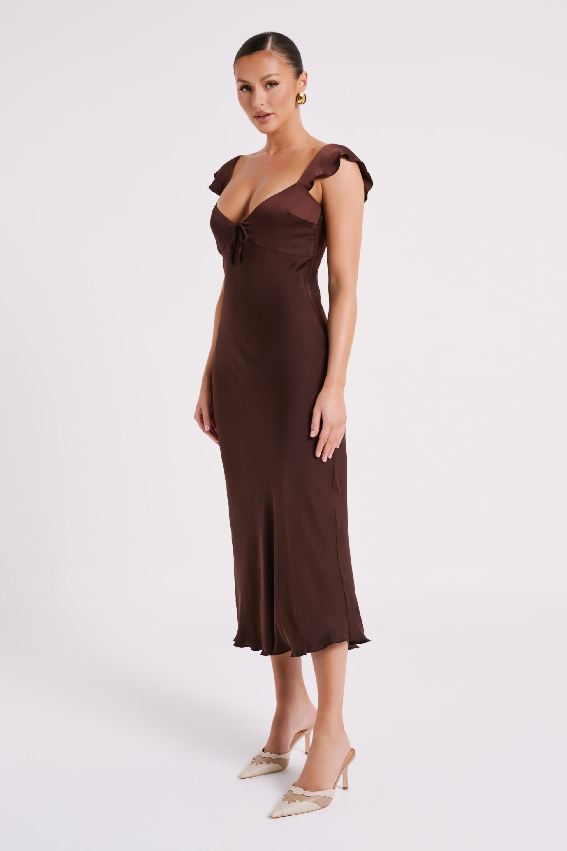 Chantal Short Sleeve Satin Midi Dress - Dark Chocolate #5