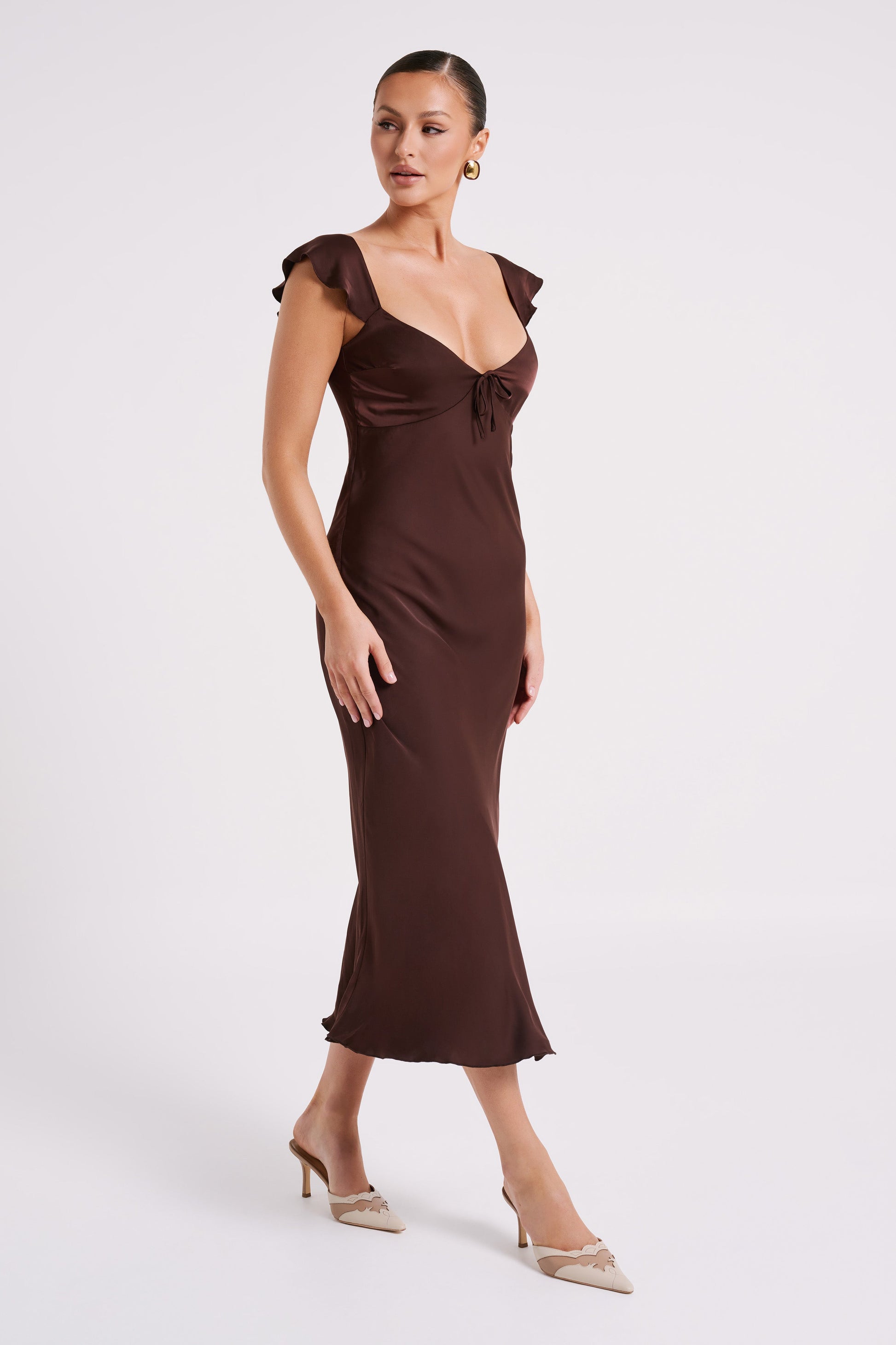 Chantal Short Sleeve Satin Midi Dress - Dark Chocolate #4