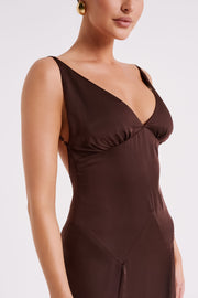 Kamala Low Back Satin Maxi Dress - Dark Chocolate