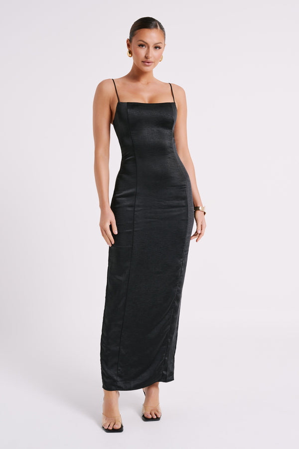 Black satin maxi sales dress with split