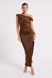 Arianne Draped Satin Maxi Dress - Dark Chocolate