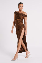 Arianne Draped Satin Maxi Dress - Dark Chocolate