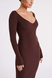 Nina Long Sleeve Knit Midi Dress - Chocolate