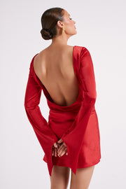 Davina Satin Long Sleeve Mini Dress - Red