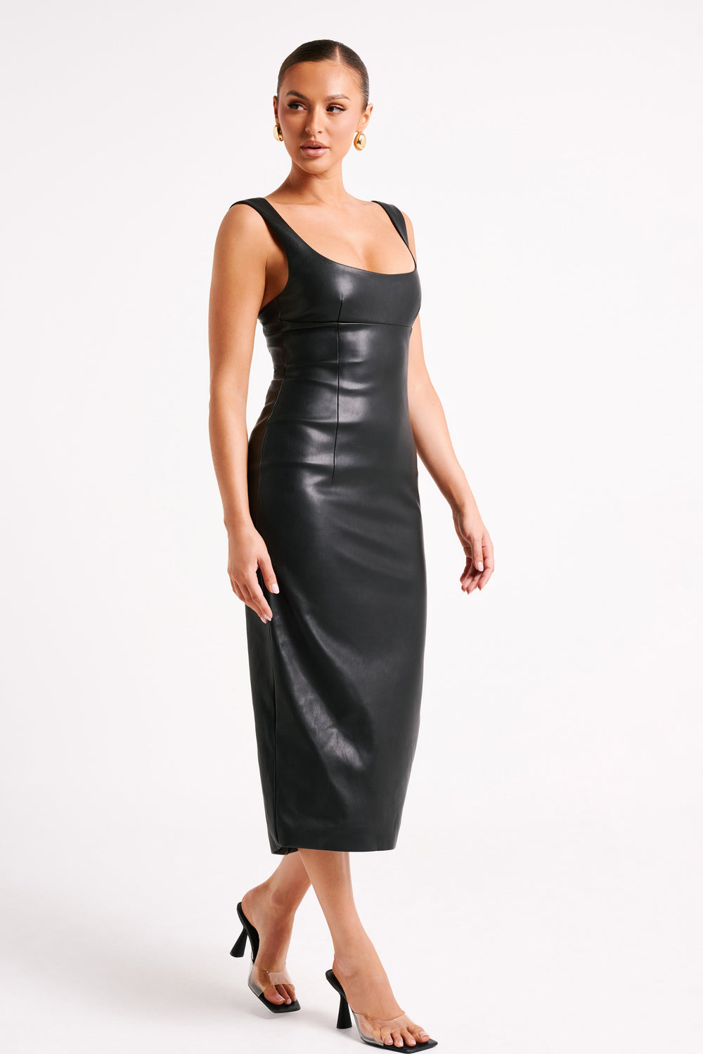 Cynthia Faux Leather Midi Dress - Black