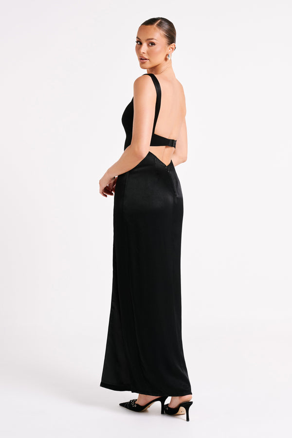 Verana Backless Satin Maxi Dress - Black