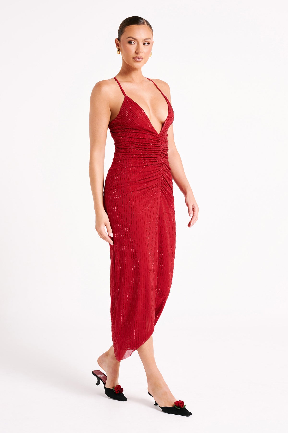 Emeraude Diamante Ruched Midi Dress - Vermilion Red #4