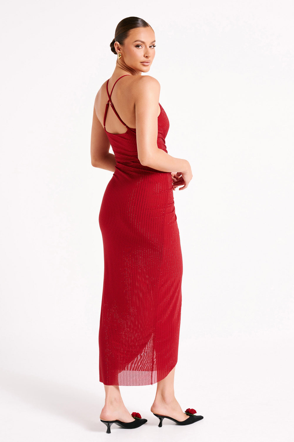 Emeraude Diamante Ruched Midi Dress - Vermilion Red