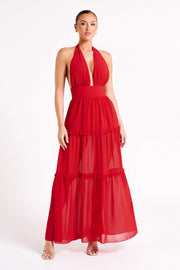 Marianna Tiered Halter Maxi Dress - Vermilion Red