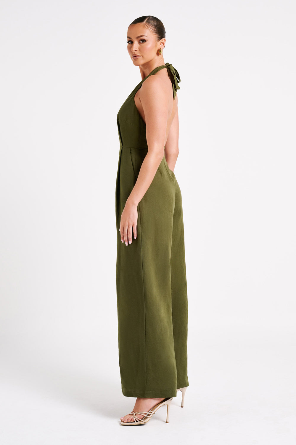 Blanca Linen Halter Jumpsuit - Khaki