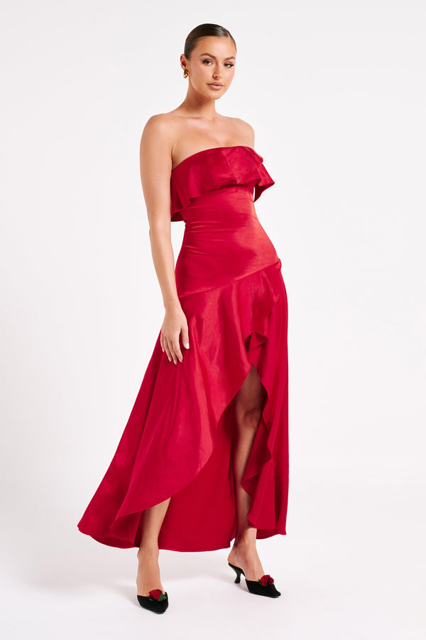 Sulianna Strapless Ruffle Midi Dress - Vermilion Red