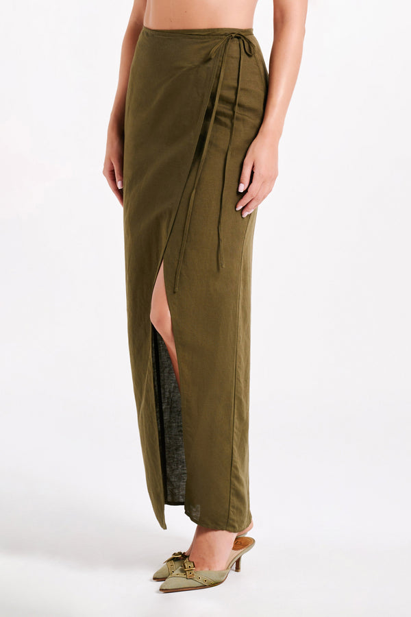 Fatima Linen Wrap Maxi Skirt - Khaki