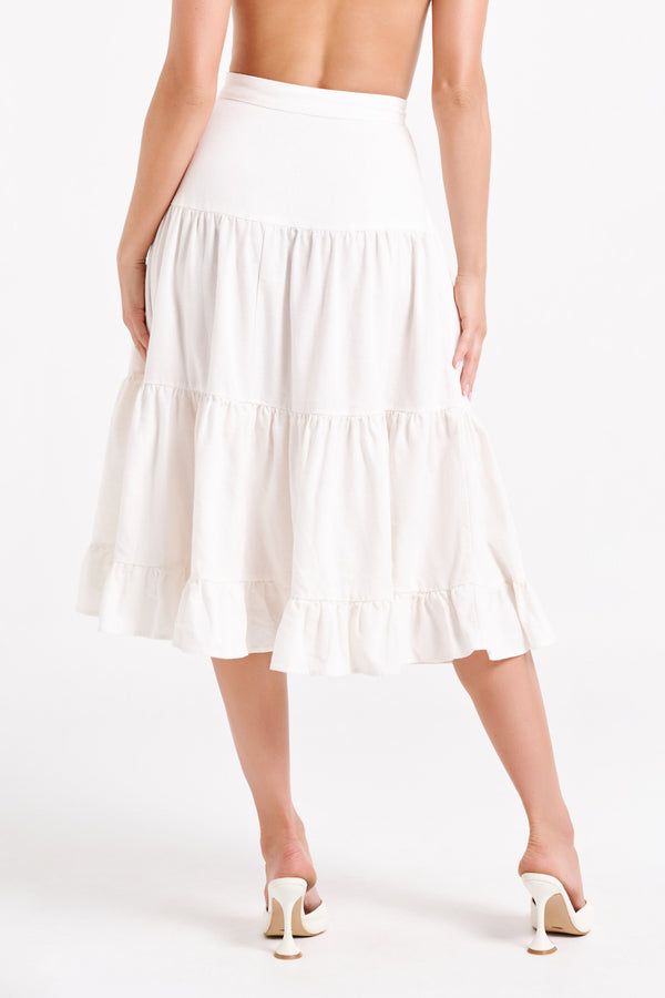 Hilaria Tiered Linen Midi Skirt - White - MESHKI
