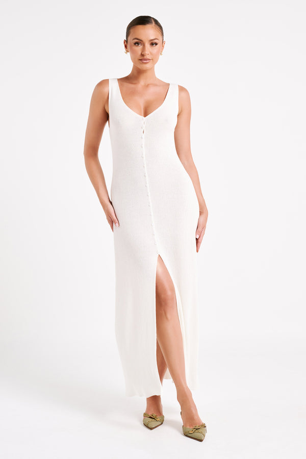 Antonia Buttoned Knit Maxi Dress - White - MESHKI