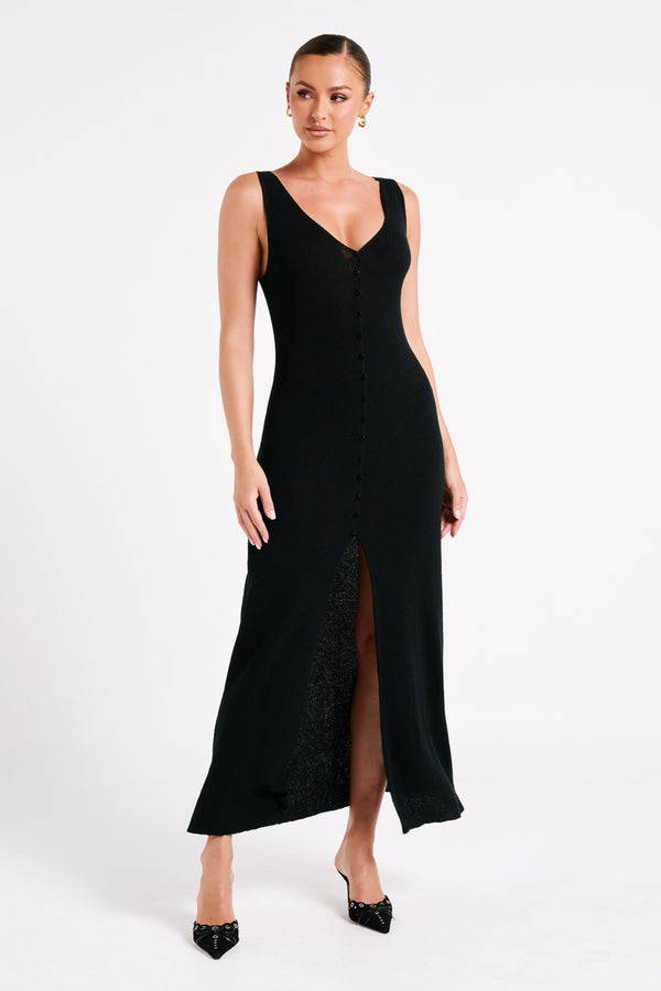 Antonia Buttoned Knit Maxi Dress - Black - MESHKI