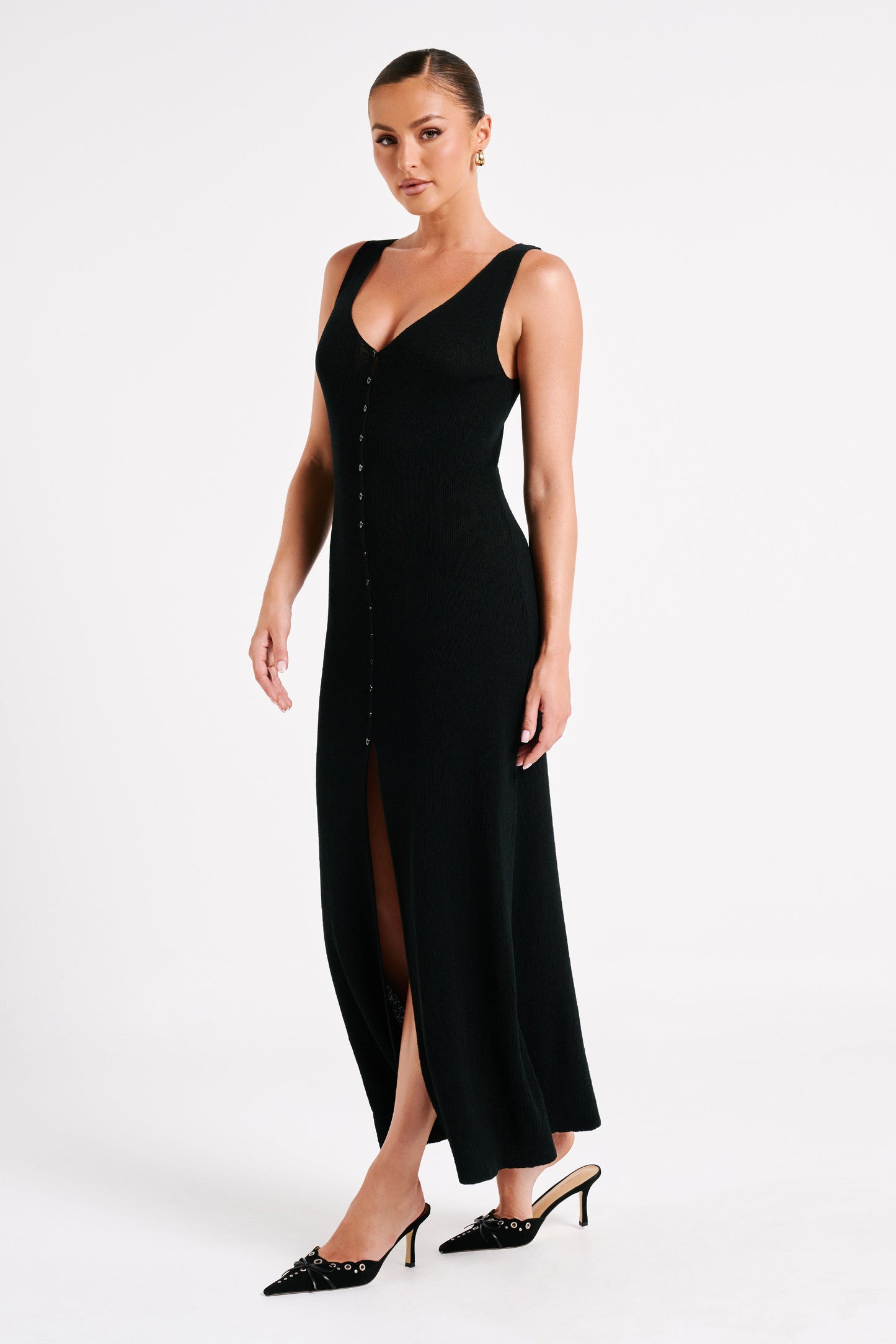 Antonia Buttoned Knit Maxi Dress - Black