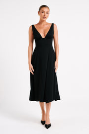 Soledad Gathered Midi Dress - Black