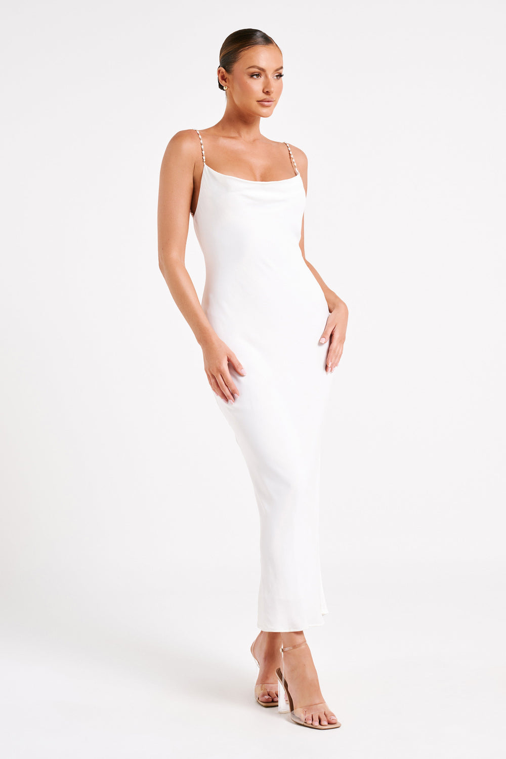 Adela Cowl Midi Dress With Pearl Trim - White