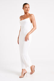 Adela Cowl Midi Dress With Pearl Trim - White